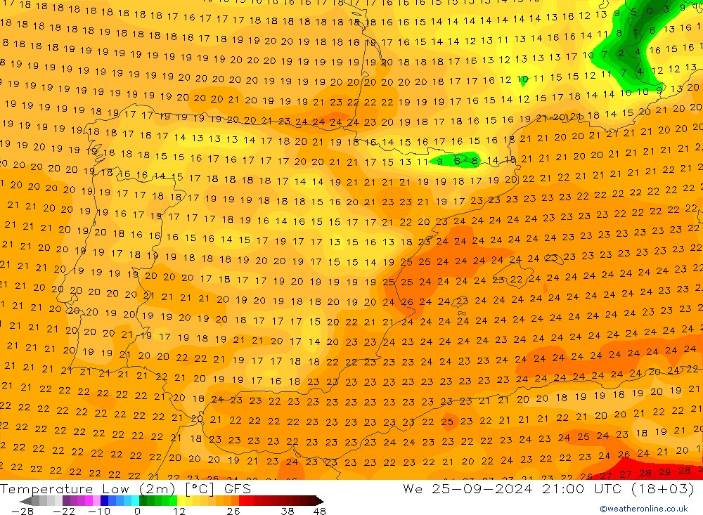 Темпер. мин. (2т) GFS ср 25.09.2024 21 UTC