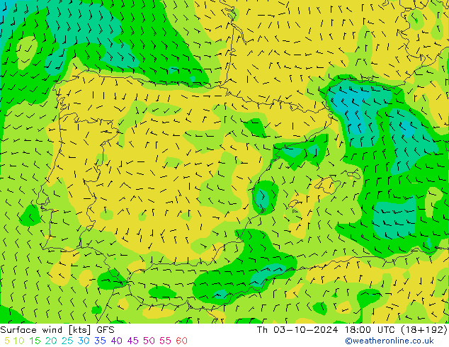 Surface wind GFS Čt 03.10.2024 18 UTC