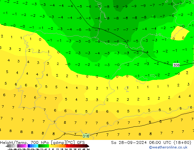 Geop./Temp. 700 hPa GFS sáb 28.09.2024 06 UTC