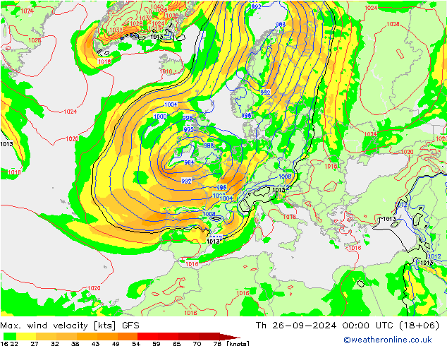 Max. wind velocity GFS jue 26.09.2024 00 UTC