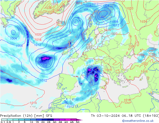 Totale neerslag (12h) GFS do 03.10.2024 18 UTC