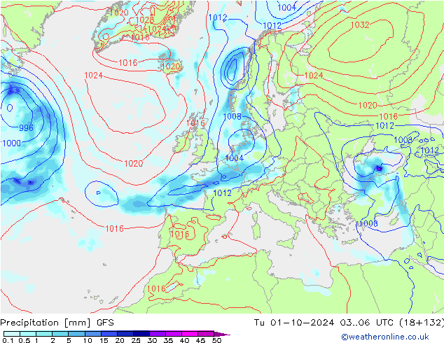 Srážky GFS Út 01.10.2024 06 UTC