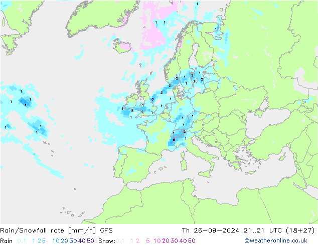 Rain/Snowfall rate GFS gio 26.09.2024 21 UTC