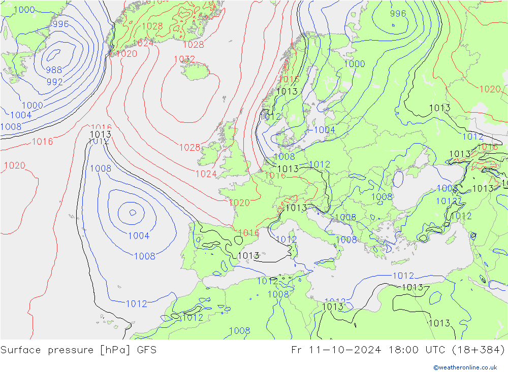 Pressione al suolo GFS ven 11.10.2024 18 UTC