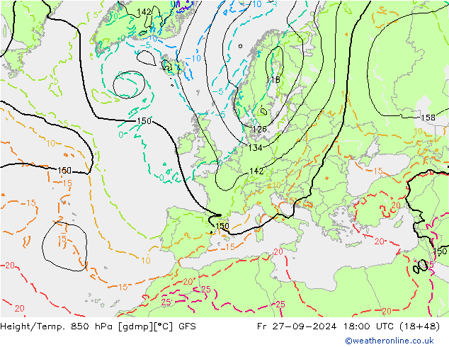 Z500/Rain (+SLP)/Z850 GFS ven 27.09.2024 18 UTC