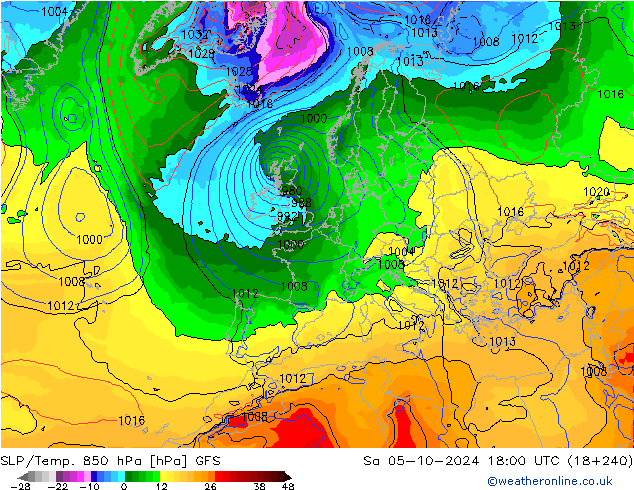 SLP/Temp. 850 hPa GFS so. 05.10.2024 18 UTC