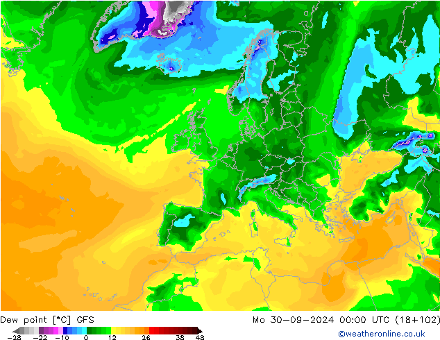 Punto di rugiada GFS lun 30.09.2024 00 UTC