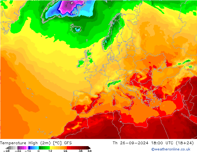 température 2m max GFS jeu 26.09.2024 18 UTC