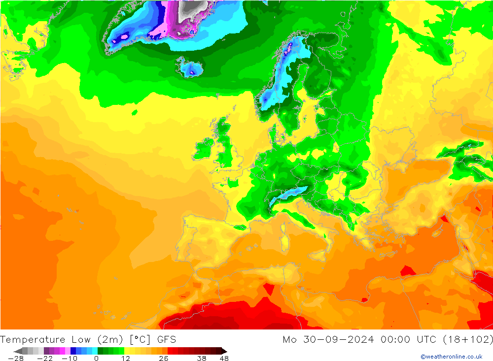 Temperatura mín. (2m) GFS lun 30.09.2024 00 UTC