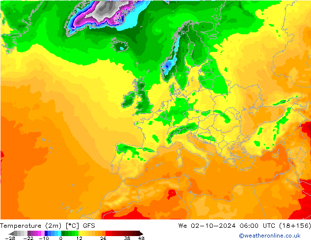 Temperatuurkaart (2m) GFS wo 02.10.2024 06 UTC