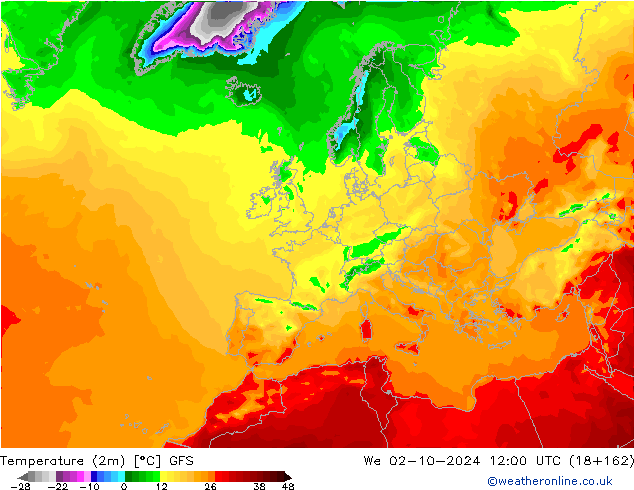 Temperature (2m) GFS We 02.10.2024 12 UTC