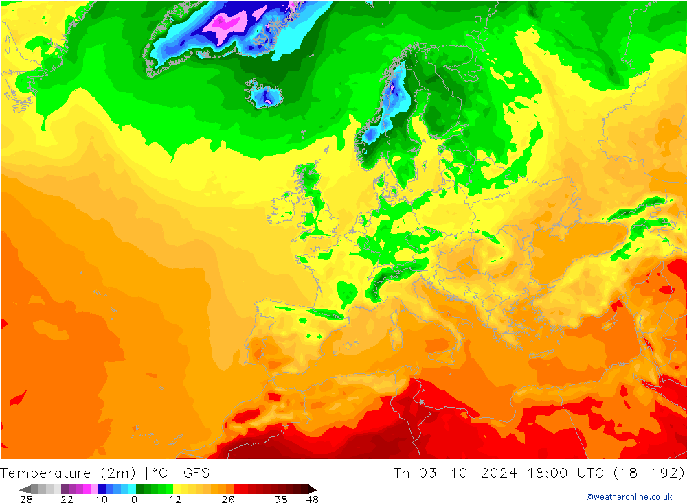 Temperature (2m) GFS Th 03.10.2024 18 UTC