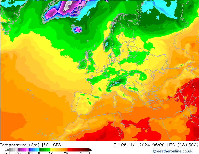 Temperatura (2m) GFS Ter 08.10.2024 06 UTC