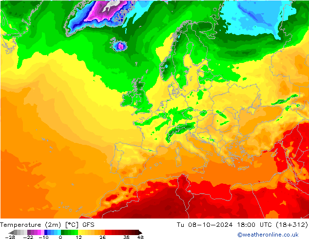 Temperature (2m) GFS Tu 08.10.2024 18 UTC