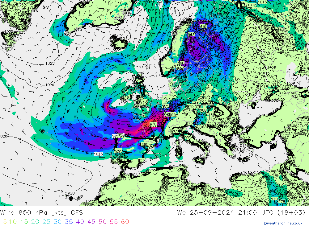 Wind 850 hPa GFS We 25.09.2024 21 UTC