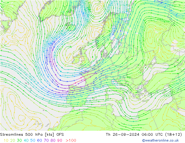 Ligne de courant 500 hPa GFS jeu 26.09.2024 06 UTC