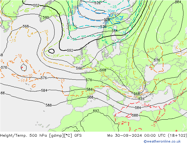 Z500/Rain (+SLP)/Z850 GFS пн 30.09.2024 00 UTC