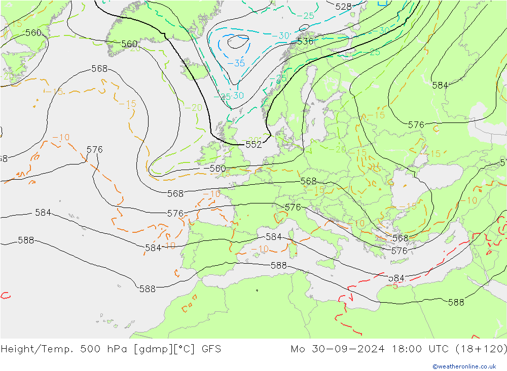 Z500/Rain (+SLP)/Z850 GFS Mo 30.09.2024 18 UTC