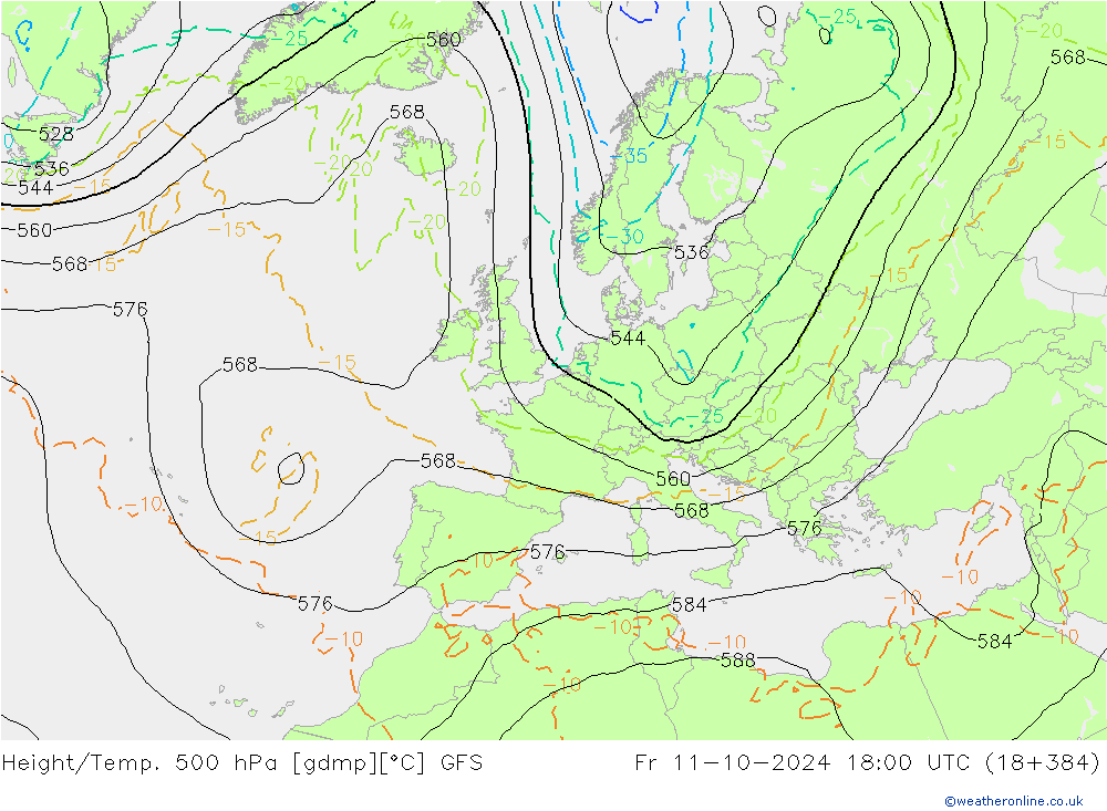 Geop./Temp. 500 hPa GFS vie 11.10.2024 18 UTC