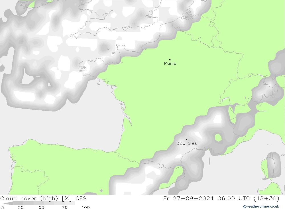 Cloud cover (high) GFS Fr 27.09.2024 06 UTC