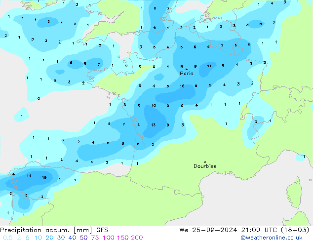 Precipitation accum. GFS Qua 25.09.2024 21 UTC