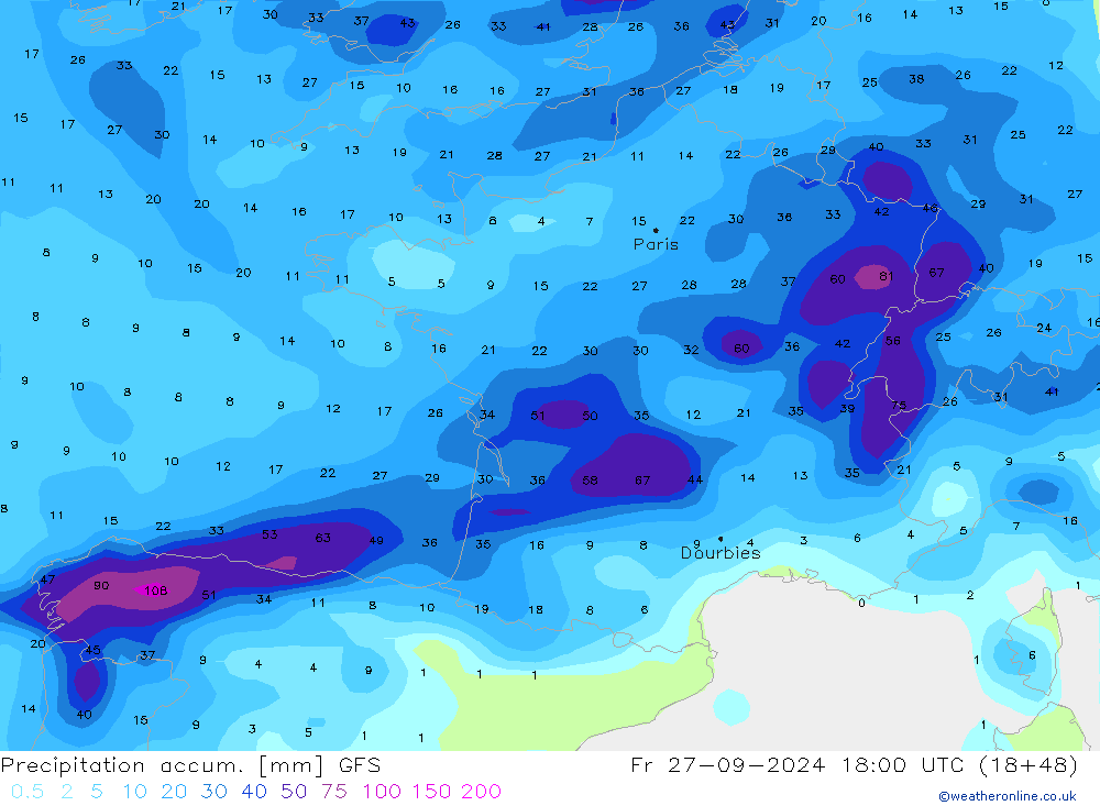 Precipitation accum. GFS Pá 27.09.2024 18 UTC