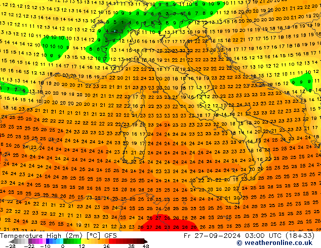 Temperatura máx. (2m) GFS vie 27.09.2024 03 UTC