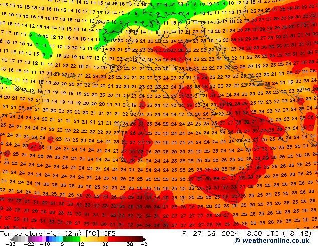 Temperatura máx. (2m) GFS vie 27.09.2024 18 UTC