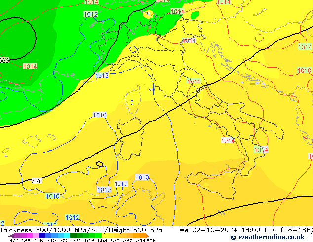 Dikte 500-1000hPa GFS wo 02.10.2024 18 UTC