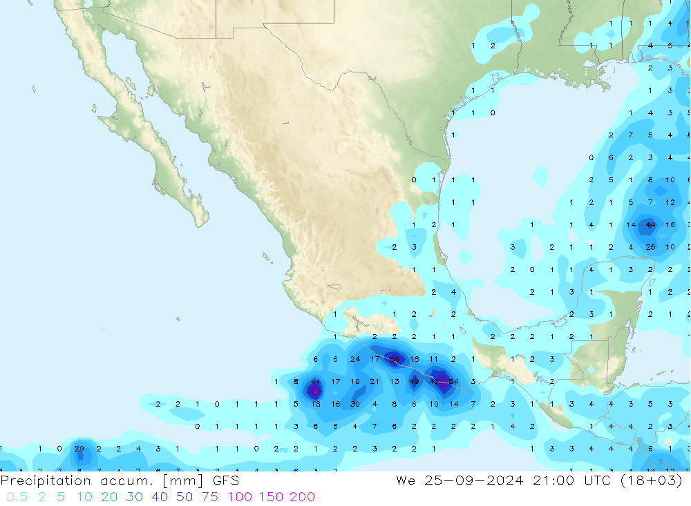 Precipitation accum. GFS śro. 25.09.2024 21 UTC