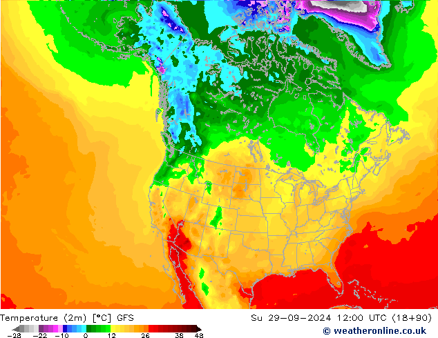 Temperatuurkaart (2m) GFS zo 29.09.2024 12 UTC