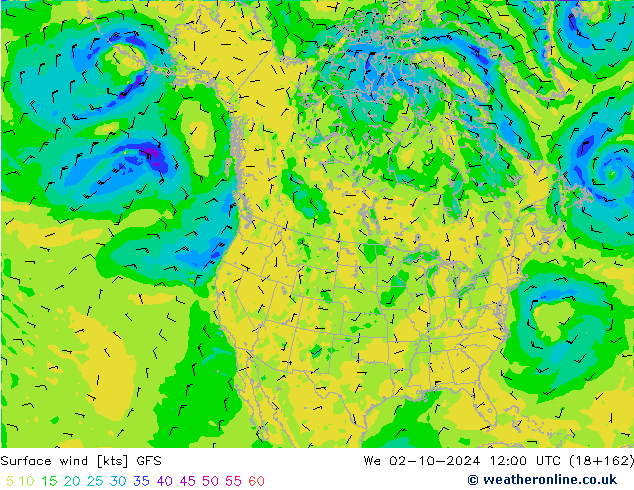 Surface wind GFS We 02.10.2024 12 UTC