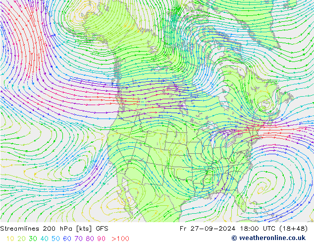 Linea di flusso 200 hPa GFS ven 27.09.2024 18 UTC