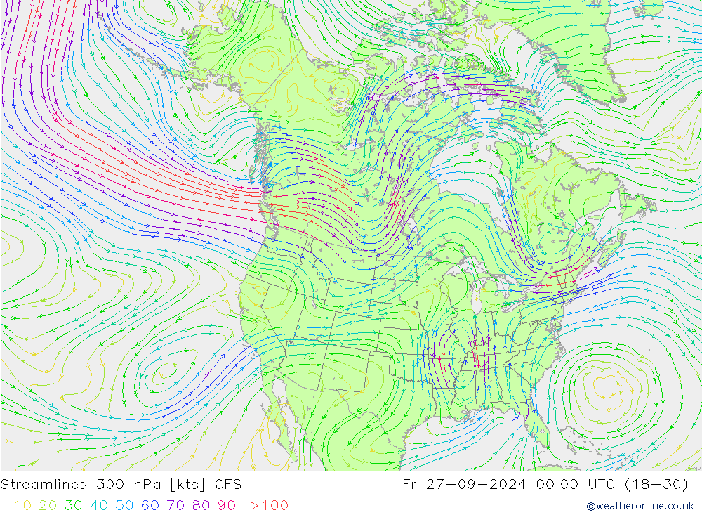 Stromlinien 300 hPa GFS Fr 27.09.2024 00 UTC