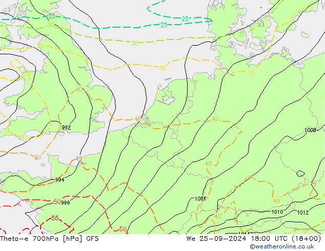 Theta-e 700hPa GFS Mi 25.09.2024 18 UTC