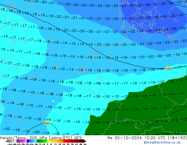 Geop./Temp. 500 hPa GFS mié 02.10.2024 12 UTC