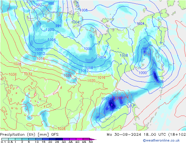 Z500/Rain (+SLP)/Z850 GFS пн 30.09.2024 00 UTC