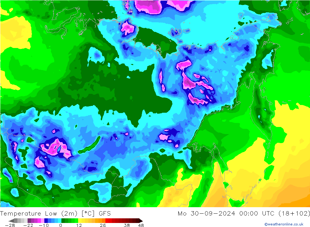 Temp. minima (2m) GFS lun 30.09.2024 00 UTC