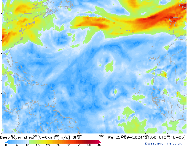 Deep layer shear (0-6km) GFS  25.09.2024 21 UTC