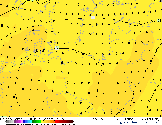 Height/Temp. 925 hPa GFS dom 29.09.2024 18 UTC