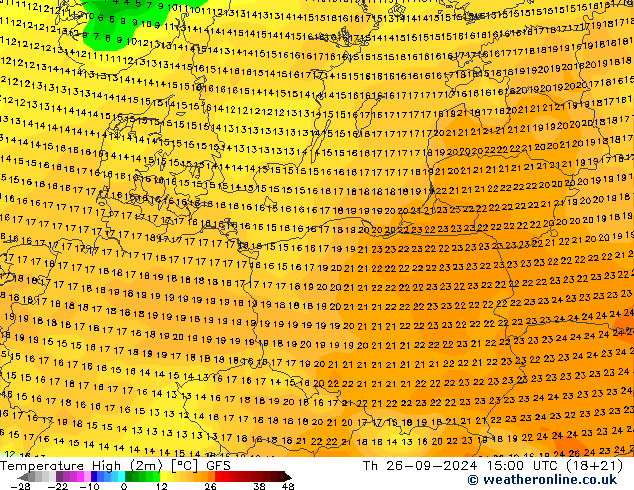 Nejvyšší teplota (2m) GFS Čt 26.09.2024 15 UTC