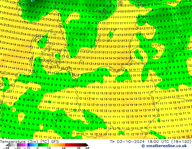 Temperature (2m) GFS Th 03.10.2024 18 UTC