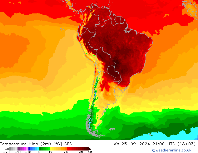 Max. Temperatura (2m) GFS śro. 25.09.2024 21 UTC