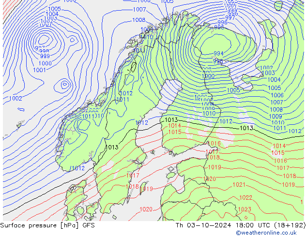 Surface pressure GFS Th 03.10.2024 18 UTC