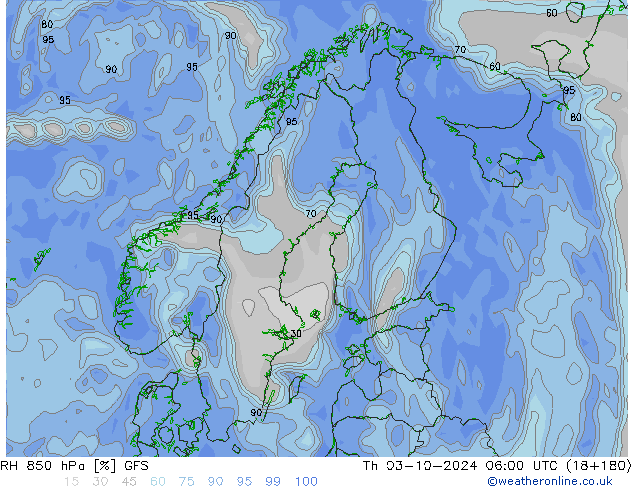 RH 850 гПа GFS чт 03.10.2024 06 UTC