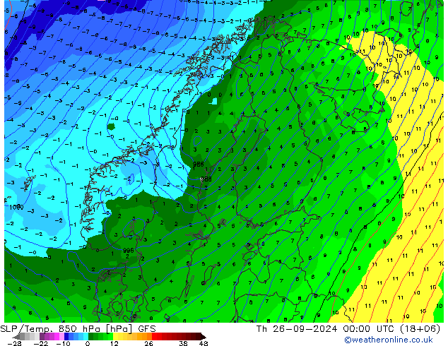 SLP/Temp. 850 hPa GFS Th 26.09.2024 00 UTC