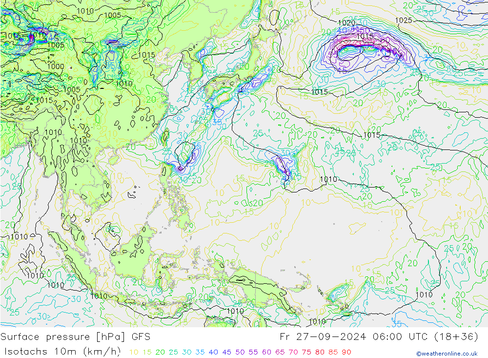 Isotachs (kph) GFS ven 27.09.2024 06 UTC