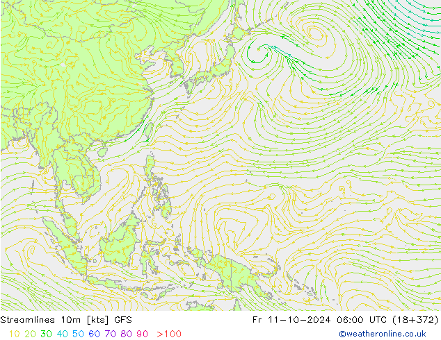 Linha de corrente 10m GFS Sex 11.10.2024 06 UTC