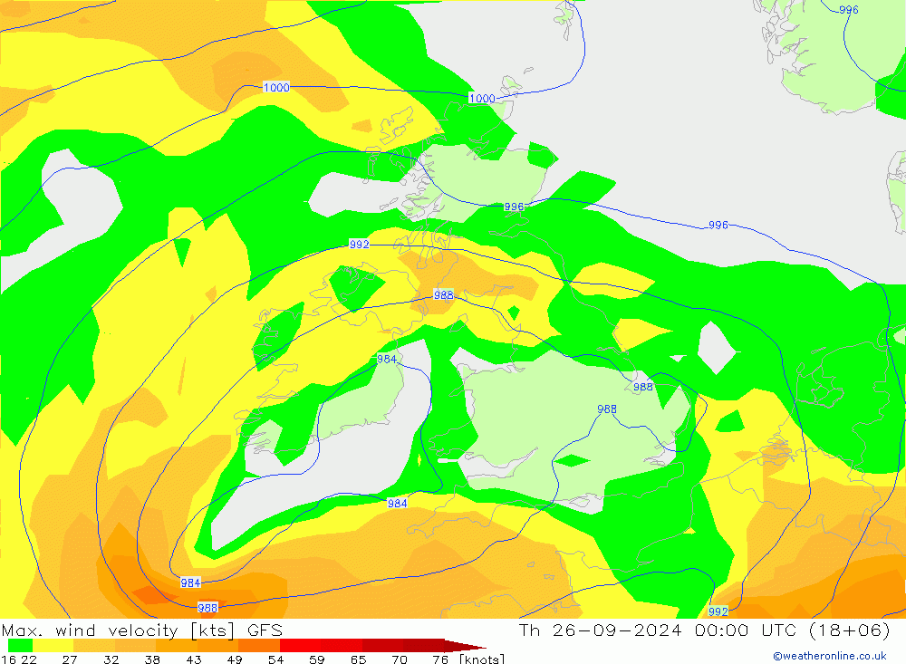 Max. wind velocity GFS чт 26.09.2024 00 UTC