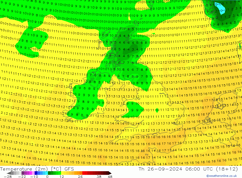 Temperatura (2m) GFS jue 26.09.2024 06 UTC